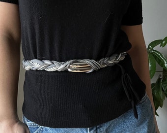 Vintage silver rope belt, multi-color braided adjustable accessory, knot waist belt, fun 80s belt, Ginnie Johansen Designs dallas inc