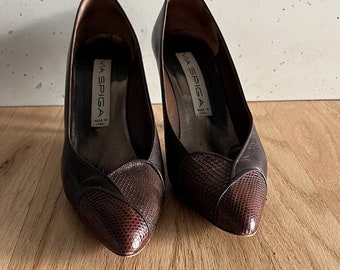 Via Spiga snakeskin brown neutrals retro patchwork leather pumps heels italy 8.5