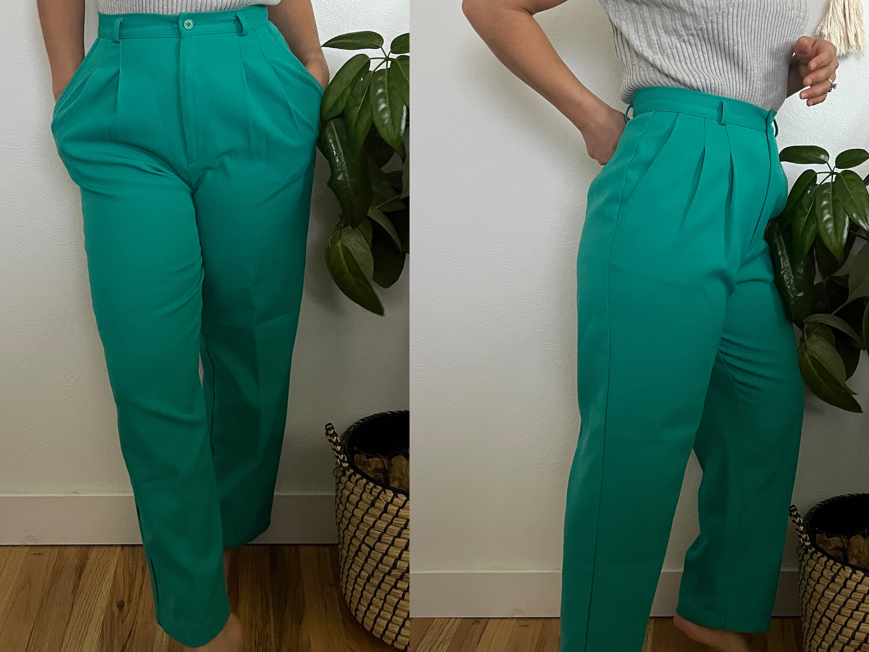 Vintage green trousers, crisp work pants, casual everyday minimalist, bold straight leg bottoms, bright essentials, boho market pants 10