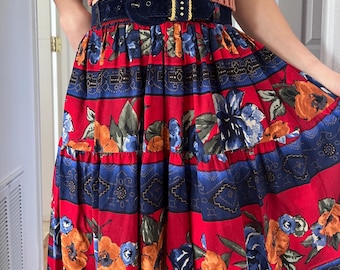 Jupe rayonne rayée floral Roper vintage des années 80, petite jupe bohème bohème des prairies de l'ouest bleu rouge