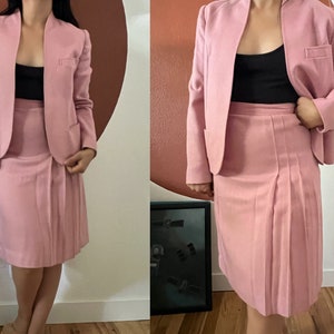 Vintage 1970s pale pink wool skirt blazer suit, secretary chic, classic, pleated, small