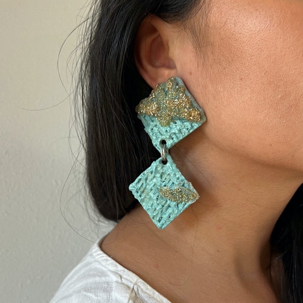 Vintage paper mache turquoise earrings with gold beads, statement earrings, clip ons, fabric, retro