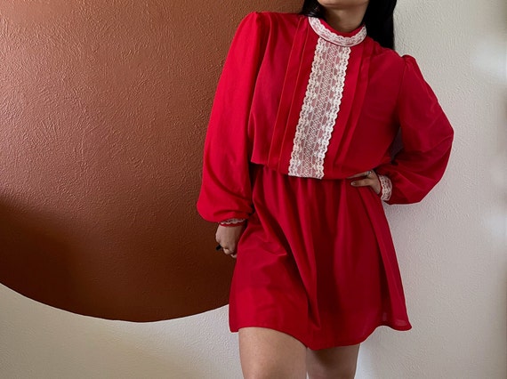 Vintage mini dress red with white lace, long slee… - image 7