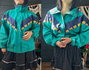 Vintage 1980s retro streetwear bomber jacket, fishing beach coastal coat, lightweight oversized boho