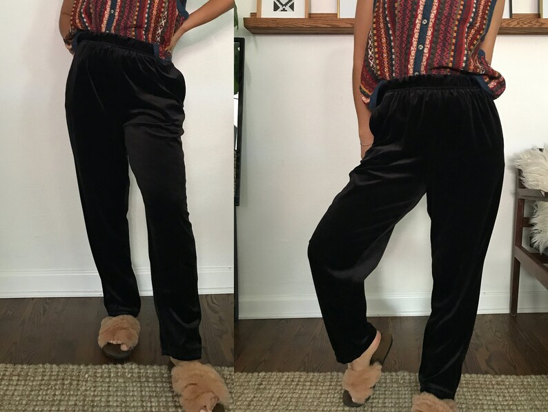 Vintage velvet trousers elastic waist, 1980s slim leg glam pants image 1