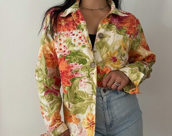 Vintage 90s early 00s bright floral cotton jacket, bold colors, Medium long sleeve, retro market
