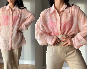VTG jaren 90 Alfred Dunner doorschijnende blouse dames 12W bloemenperzik bloemenshirt, gemaakt in de VS