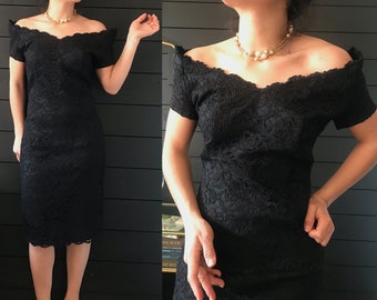 Vintage 80s off the shoulder fitted lace dress, Ambria size 6, sheath dress, retro, romantic, formal, dressy,