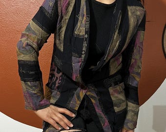 Vintage 80s Medium Blazer, Boho Chic Multicolor Jacket, Unique Geometric Floral Design, Lightweight Open Front, Eco-Friendly Fashion