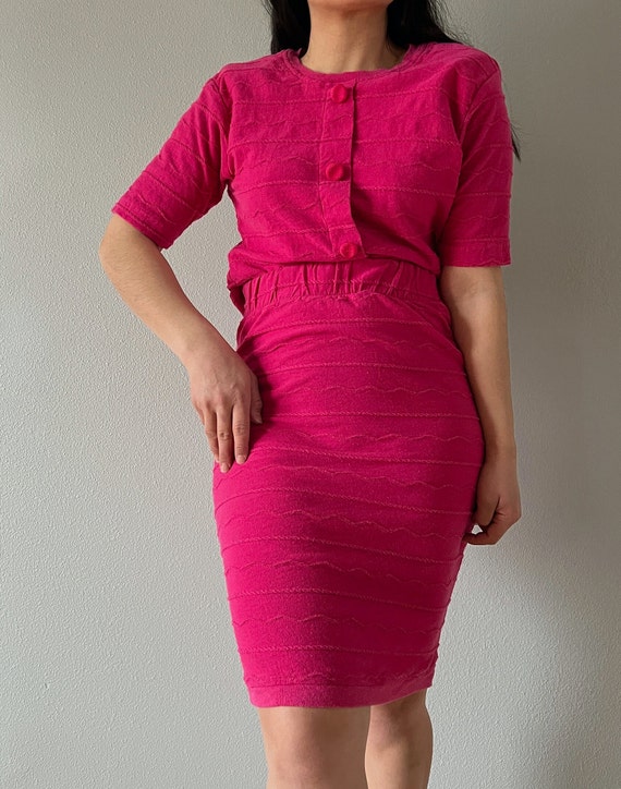 Vintage 80s hot pink knit two piece fitted skirt … - image 8