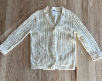 Vintage beige wool cardigan, retro market sweater, cable knit button down, pockets, Evan picone vtg, 70s market sweater small medium