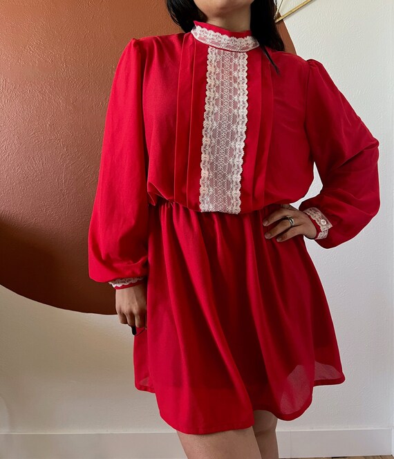 Vintage mini dress red with white lace, long slee… - image 3