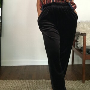 Vintage velvet trousers elastic waist, 1980s slim leg glam pants image 6