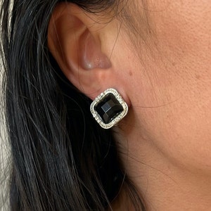 Vintage 1980s square black and rhinestone earrings, pierced small gift for her
