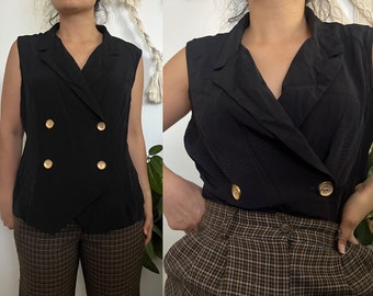 Vintage 90s Double-Breasted Vest | Black Gold Button Crossover Waistcoat | Retro Power Dressing | Formal Tailored Vest