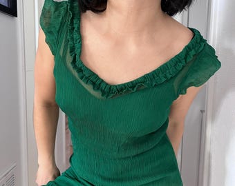 Vtg grün schiere Rüschen ausgestattet Kleid mit Slip Small