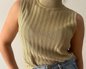 Vintage metallic gold turtleneck, knit sleeveless top, fine knit, maximalist glam, retro, sparkle, medium classic evening top