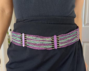 Vintage slinky multi strand wooden beaded waist belt boho market purple green