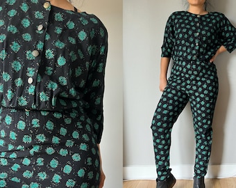Vintage 80s Black Green All Over Print Pant Romper Button Down Fitted One Piece Market Outfit Medium