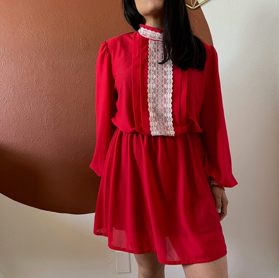 Vintage mini dress red with white lace, long slee… - image 1