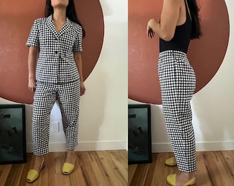 Vintage gingham short sleeve casual day pant suit, white blue rayon blend, 10 Petite, market outfit