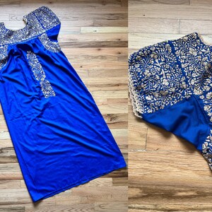 70s Vintage Oaxacan short Sleeve Maxi Dress / Mexican floral hand embroidery / Blue and Gold Cotton Floral Embroidered / boho one size