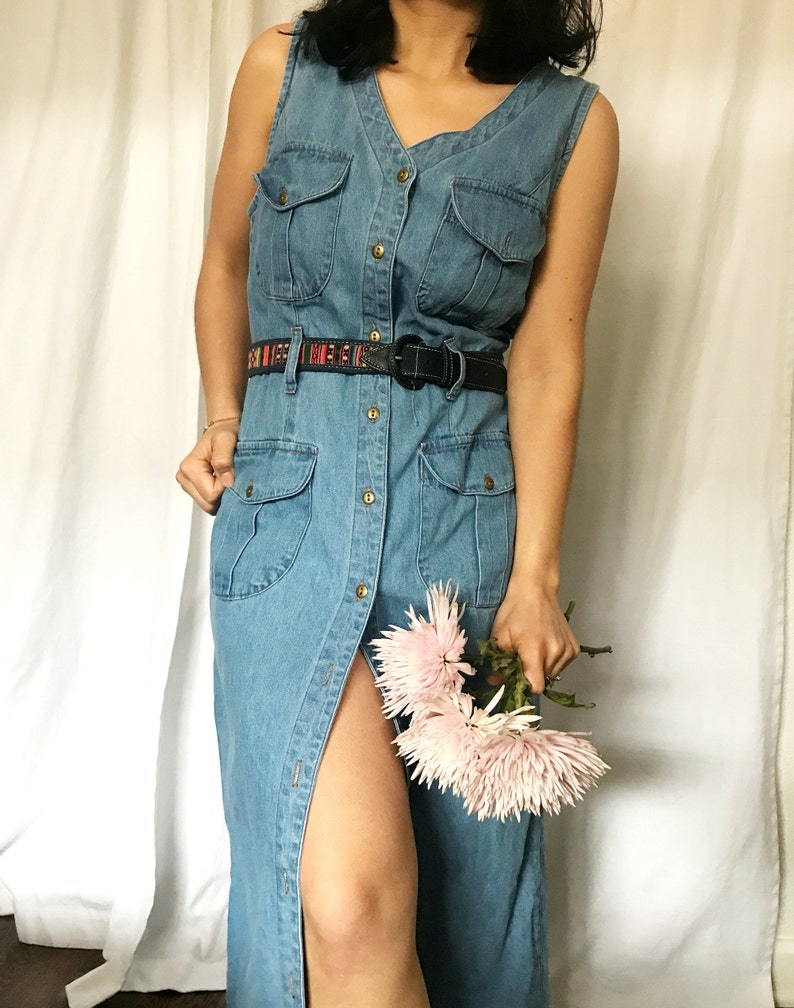 Vintage 90s denim button down shirt dress XL light blue midi image 2