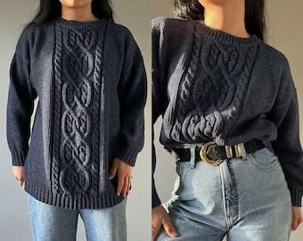 vintage navy blue cotton crewneck cable knit long sleeve pullover jumper, minimalist classic fisherman sweater, market retro bohemian Medium
