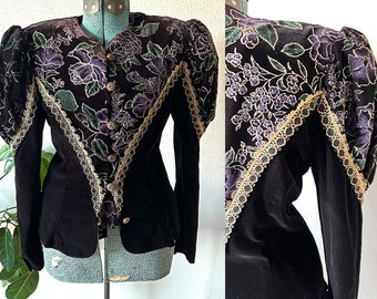 Vintage velvet shakespearean waistcoat jacket, black and floral, Scott McClintock, Luxe glam retro 80s metallic coat