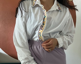 Vintage white cotton blouse with embroidery detail, XL market shirt, retro western top