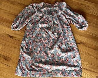 Vtg Baumwolle Rosa Blau Floral House Dress blau Puffärmel Spitze Retro Made in USA