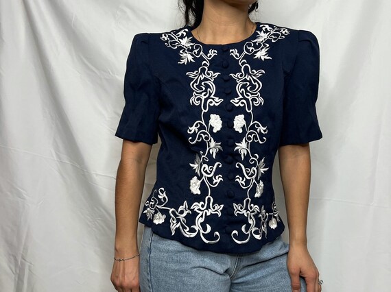 Vintage 1980s Karin stevens blue embroidered shor… - image 2