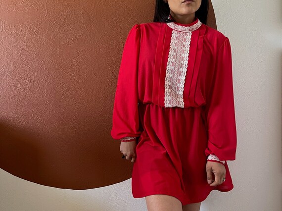 Vintage mini dress red with white lace, long slee… - image 8