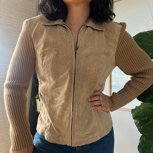 Vintage Leather Knit Jacket Tan Zip Up Fitted Equestrian Minimal 90s