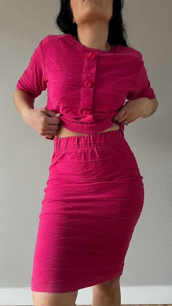 Vintage 80s hot pink knit two piece fitted skirt … - image 7