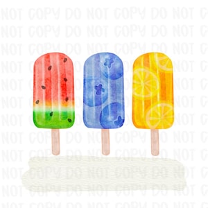 Puede incluir: Tres paletas de hielo de acuarela sobre un fondo blanco. Las paletas de hielo son de sabor a sandía, arándano y limón.