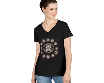 Ladies' V Neck Tee Shirt Para Devi, the Supreme Goddess with Mandala of Twelve Yoginis, Para Shakti Energy, Trika Lineage, Meditation