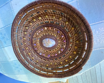 Golden Inner Teacher Handmade Pine Needle Basket with Jasper Beads, Beaded Pine Needles, Irish Linen, Beeswax, Art Piece, Merritt Island
