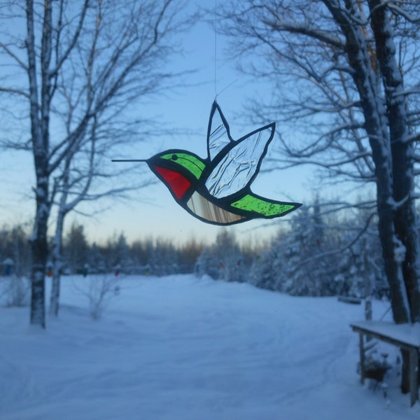 ruby humming bird stained glass suncatcher