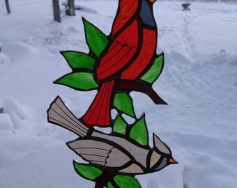 cardinals\/leaves stained glass suncatcher