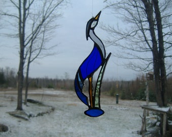 Sm. Blue Heron stained glass suncatcher