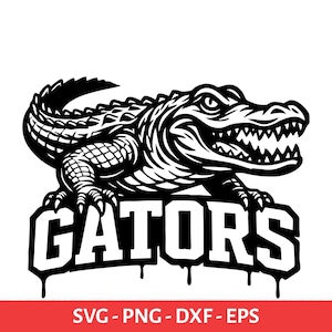 May include: A monochrome illustration of an alligator above the word "GATORS" in a bold, dripping font. The alligator is depicted with detailed scales and teeth. The text "SVG - PNG - DXF - EPS" is shown below the image.