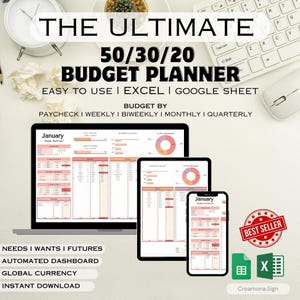 May include: A digital budget planner displayed on a laptop, tablet, and smartphone. The text reads "THE ULTIMATE 50/30/20 BUDGET PLANNER" and includes features like "NEEDS I WANTS I FUTURES" and "INSTANT DOWNLOAD."
