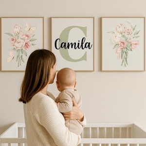 Babykamer muurkunst set - 3 stuks, babymeisje canvas kamer decor, gepersonaliseerde ingelijste initiële kunst voor kinderen, aangepast digitaal downloadbestand