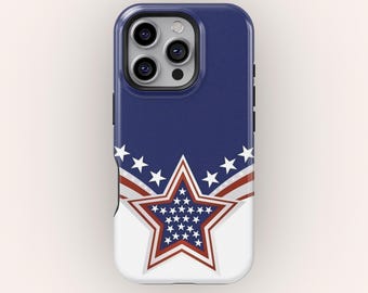 Funda con diseño de rayas de estrellas rojas, blancas y azules para iPhone 17, 16, 15, 14, 13 y 12 Pro Max. Funda del Día de la Independencia para Samsung Galaxy S24 y S25 Ultra.