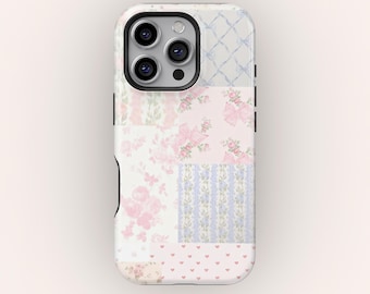 Coquette Floral Phone Case, Vintage Patchwork Pastel Case for iPhone 17 16 15 14 13 Pro Max, Cottagecore Aesthetic Samsung Galaxy Cover