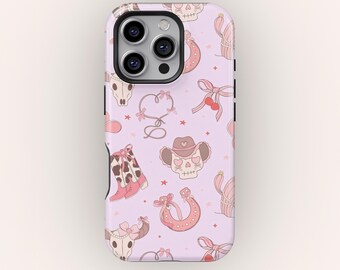 Y2K Western Cowgirl Phone Case, Pink Western Skull Cover for iPhone 17 16 15 14 13 12 Pro Max, Samsung S25 S24, Cute Country Aesthetic Case