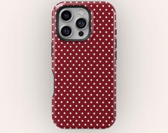 Dark Cherry Red Polka Dots Phone Case, iPhone 17 16 15 14 13 12 Pro Max XS, iPhone 13 12 Mini Case, Samsung Galaxy S25 S24 S23 S22 S21 Ultra