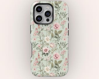 Funda floral vintage para teléfono, diseño botánico verde pastel para iPhone 17, 16, 15, 14, 13, 12 y 11 Pro Max y Samsung S25, S24 y S23, estética cottagecore.
