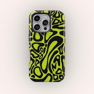 May include: A smartphone case with a vibrant, abstract design. The case features a neon green background with a black, swirling pattern. The case has a glossy finish and a black border around the camera lenses.